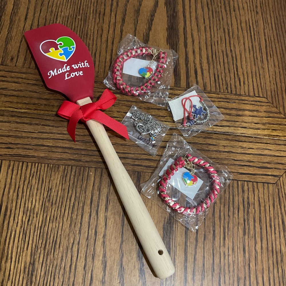 AUTISM SET Spatula, Puzzle Piece Bracelets, heart, rhinestones & ribbon necklace
